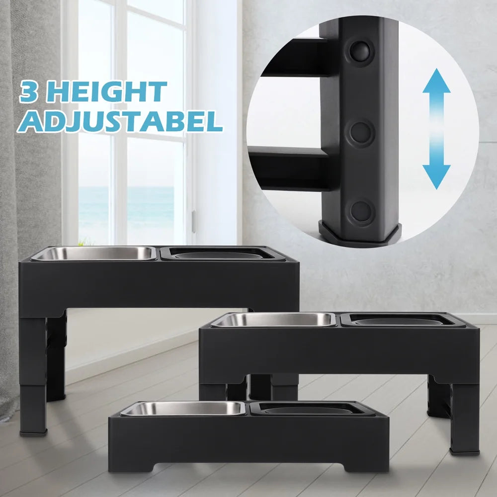 Elevated Dog Bowls with Stainless Bowl, Adjust 4 Heights for Small Medium Large Dogs, Black